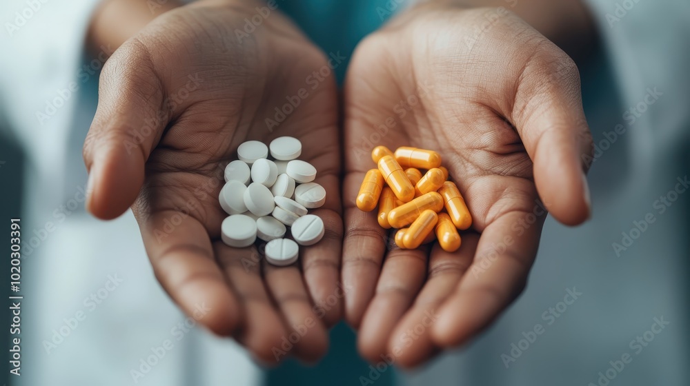 Close-up of hands displaying white and orange pills, representing choice and the importance of medication and health decisions, underlining medical significance. Close-up of hands displaying white and orange pills, representing choice and the importance of medication and health decisions, underlining medical significance.