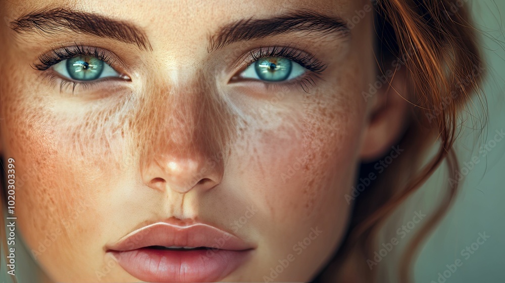Fototapeta premium Close-up Portrait of a Young Woman with Freckles and Blue Eyes