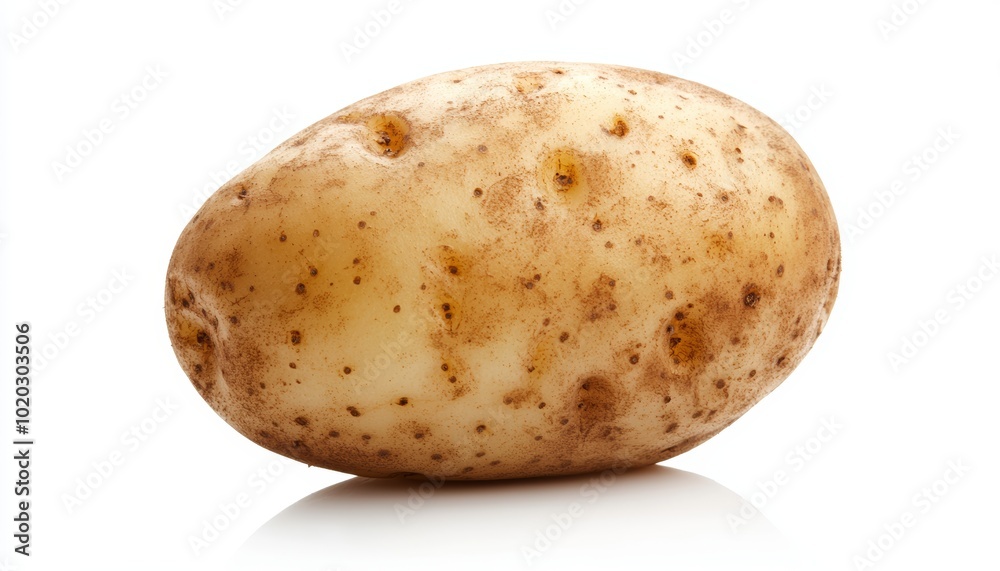 Realistic single potato, isolated on white, earthy tones and rough texture, perfect for agricultural themes, organic food markets, or culinary concepts Realistic single potato, isolated on white, earthy tones and rough texture, perfect for agricultural themes, organic food markets, or culinary concepts