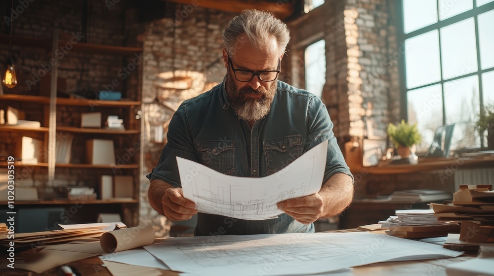 An architect stands focused in a sunlit studio, intently reviewing detailed blueprints on a wooden desk, emphasizing dedication, skill, and the spirit of innovation. An architect stands focused in a sunlit studio, intently reviewing detailed blueprints on a wooden desk, emphasizing dedication, skill, and the spirit of innovation.