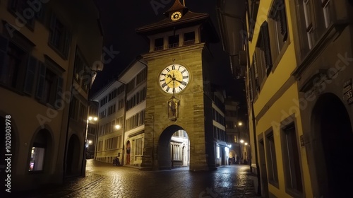 Nighttime View of Historic Clock Tower in City