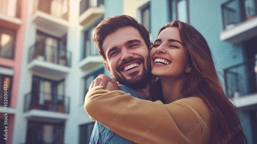 Fototapeta premium A happy couple embracing real estate investment or buying an apartment. An excited man with a smile and a woman celebrating moving into an apartment together.