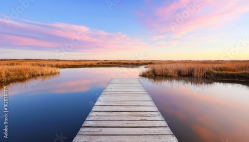 Scenic boardwalk leading into a serene lake, vibrant sunset skies with pink, purple, and blue hues, perfect for calming nature scenes, travel brochures, or peaceful landscapes