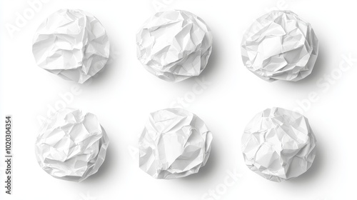 Set of four crumpled white paper balls, isolated on white background, detailed texture and wrinkles, perfect for waste management, stress, or creativity concepts