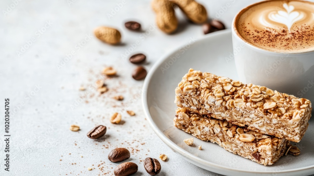 Two granola bars are stacked on a plate with a cup of coffee nearby, surrounded by scattered coffee beans, capturing a peaceful breakfast moment. Two granola bars are stacked on a plate with a cup of coffee nearby, surrounded by scattered coffee beans, capturing a peaceful breakfast moment.