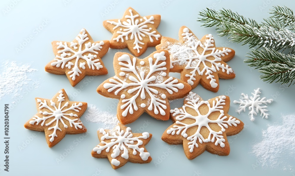 Delicately shaped gingerbread cookies in the form of snowflakes and stars, Generative AI Delicately shaped gingerbread cookies in the form of snowflakes and stars, Generative AI