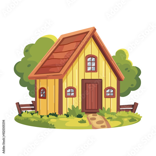 Vector farm house. Cartoon style house with trees and grass around