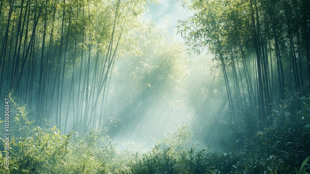 Fototapeta premium Sunbeams Illuminating a Misty Bamboo Forest
