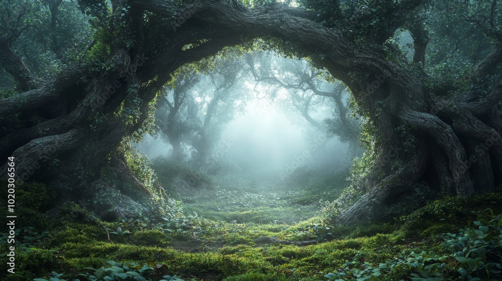 Fototapeta premium A Misty Forest Path Framed by Intertwined Tree Trunks