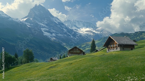 Scenic Alpine Landscape with Mountains and Charming Cabins