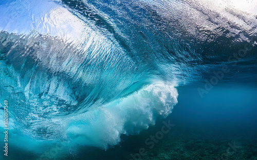 a wave in the pacific ocean seen from below the water