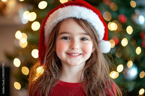 Child wearing Santa hat smiling in front of Christmas tree Generative AI