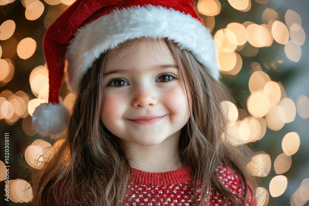 Child wearing Santa hat smiling in front of Christmas tree Generative AI Child wearing Santa hat smiling in front of Christmas tree Generative AI