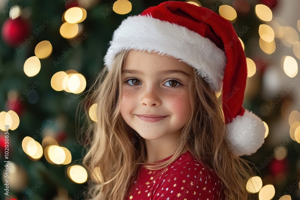 Child wearing Santa hat smiling in front of Christmas tree Generative AI Child wearing Santa hat smiling in front of Christmas tree Generative AI
