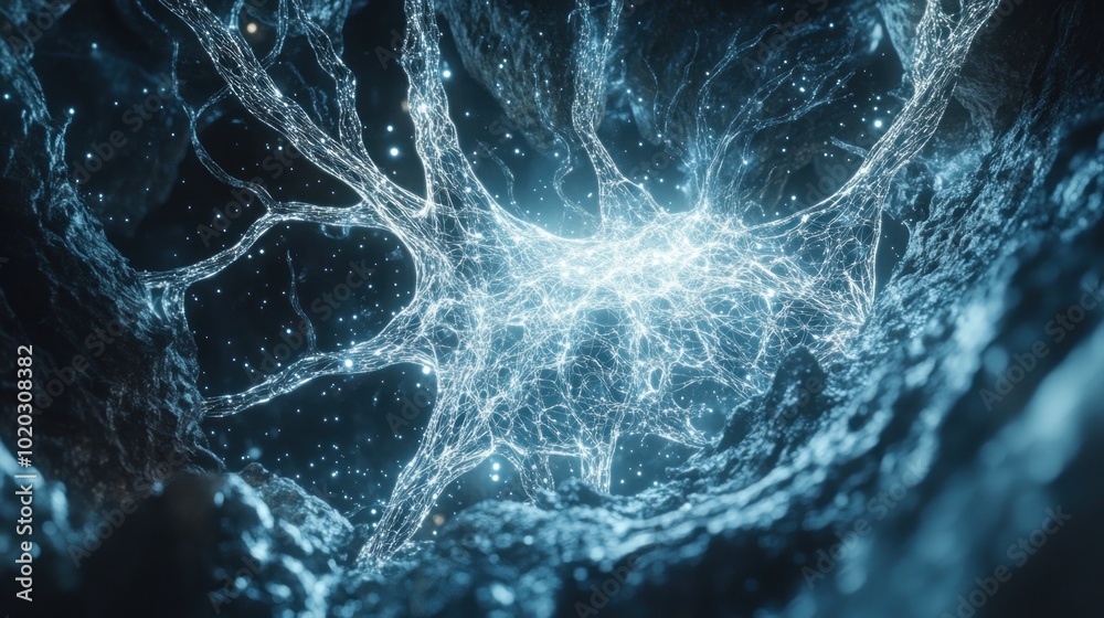 Fototapeta premium Human neurons with glowing connections between large white and blue fractal structures on a dark background. This scene is taken from the perspective of a person looking into his own brain.