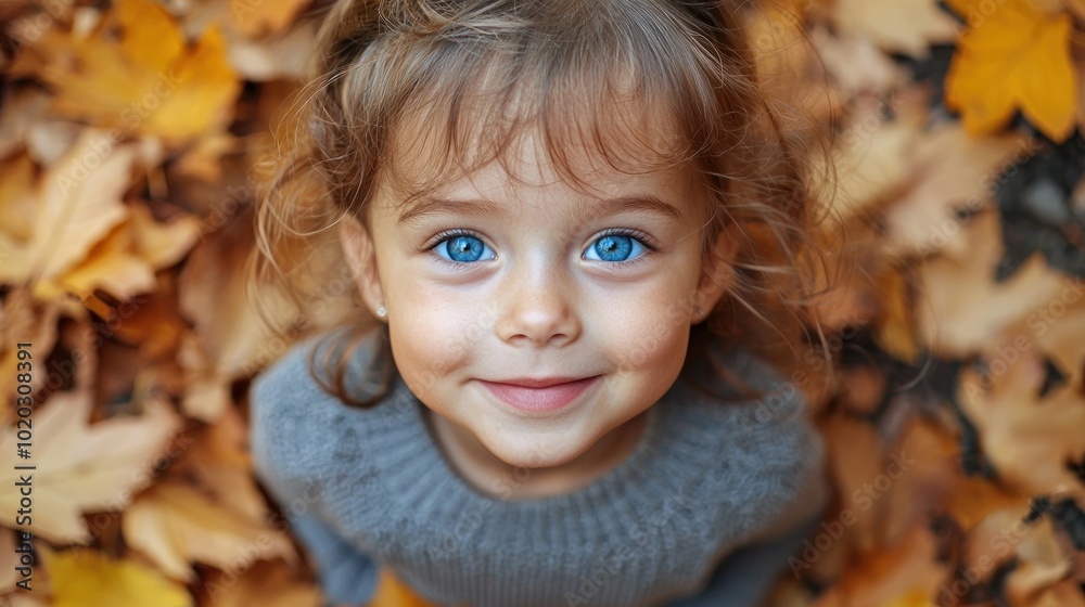 Smiling little girl with bright blue eyes surrounded by autumn leaves Generative AI Smiling little girl with bright blue eyes surrounded by autumn leaves Generative AI