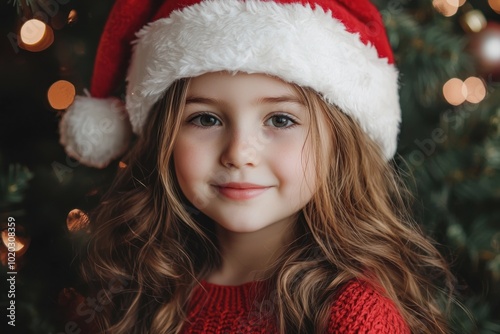 Child wearing Santa hat smiling in front of Christmas tree Generative AI