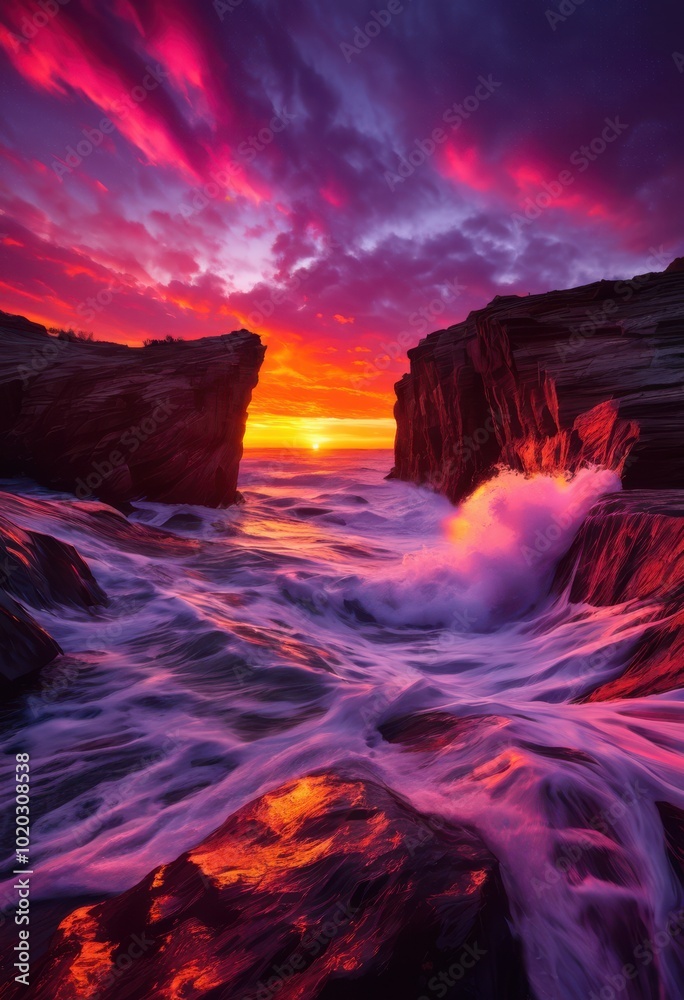 Fototapeta premium dramatic ocean waves colliding rugged cliffs during sunset, sea, spray, waterscape, landscape, seafoam, scenic, textures, reflections, boulders, coastal