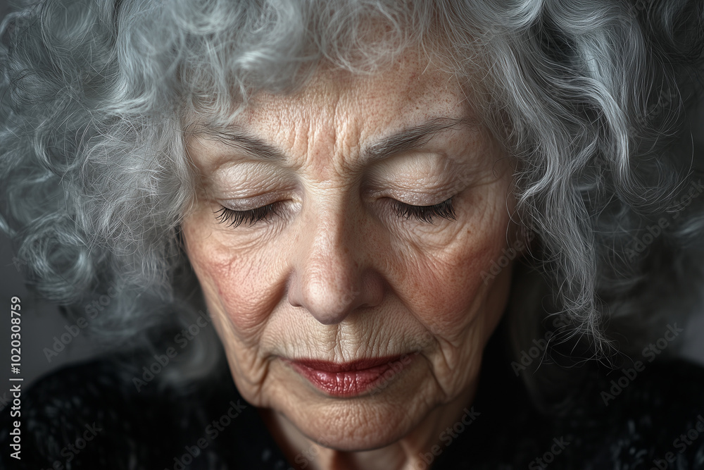 Close-Up Portrait of Elderly Woman in Peaceful Contemplation with Serene Expression Close-Up Portrait of Elderly Woman in Peaceful Contemplation with Serene Expression