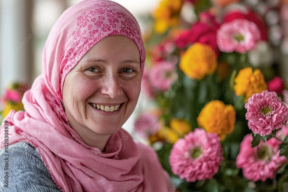 Woman in pink headscarf smiling near pink daisies in garden Generative AI Woman in pink headscarf smiling near pink daisies in garden Generative AI