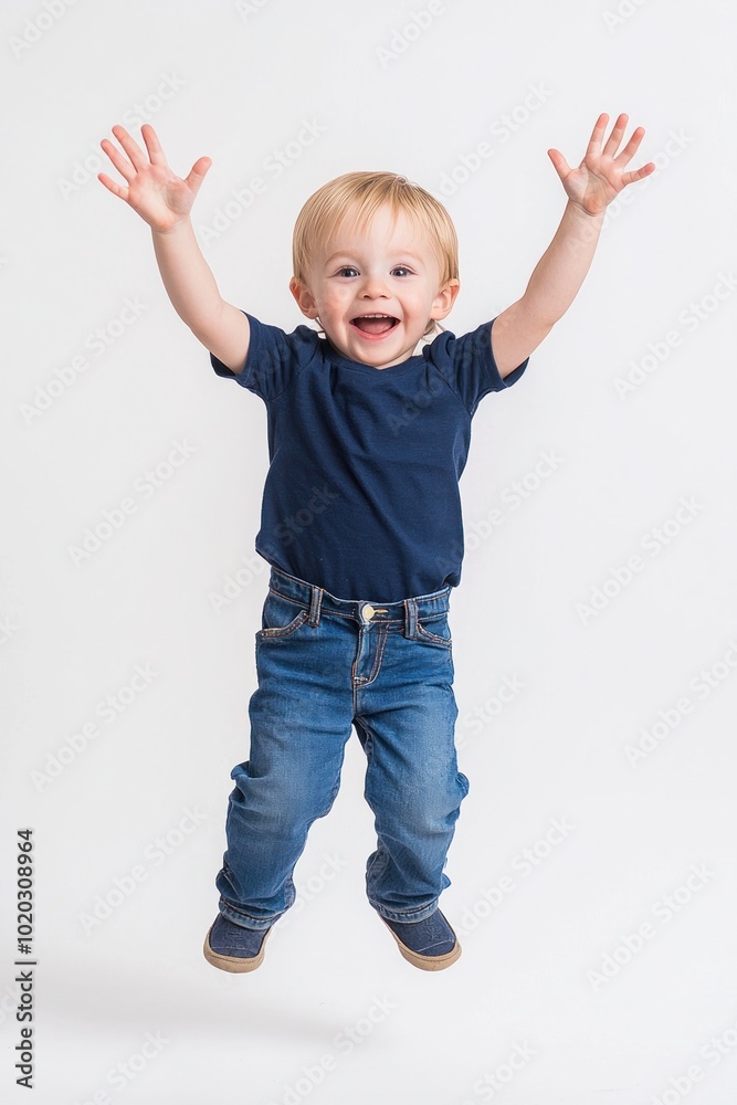 Happy little boy jumping with arms raised wearing blue shirt and jeans Generative AI Happy little boy jumping with arms raised wearing blue shirt and jeans Generative AI