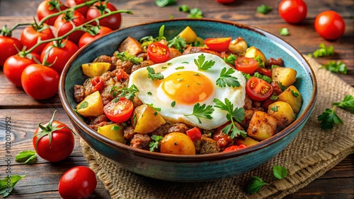 A savory medley of sauteed potatoes, ground meat, and vibrant tomatoes topped with a perfectly fried egg and fresh parsley, served in a rustic bowl.