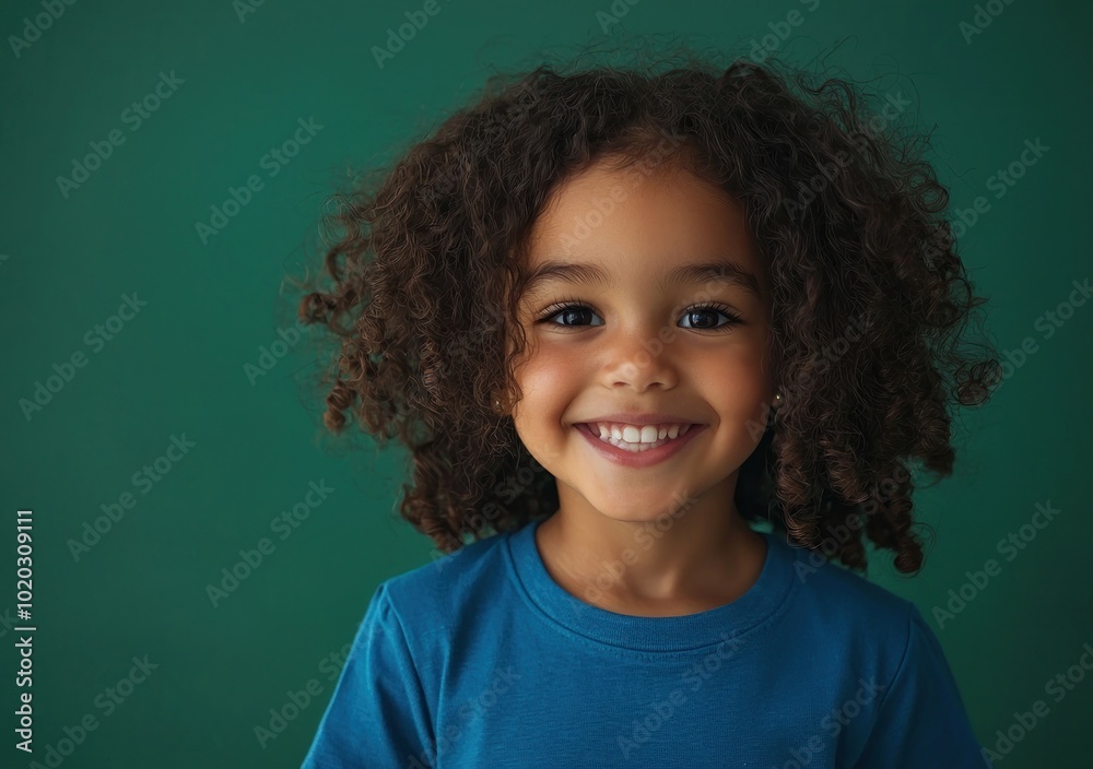 Smiling young girl with curly hair wearing a blue shirt against green background Generative AI Smiling young girl with curly hair wearing a blue shirt against green background Generative AI
