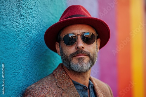 Man in red hat and sunglasses leaning against a vibrant, colorful wall Generative AI photo