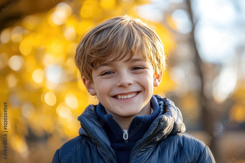 Smiling boy with blonde hair wearing a jacket outdoors in autumn Generative AI Smiling boy with blonde hair wearing a jacket outdoors in autumn Generative AI