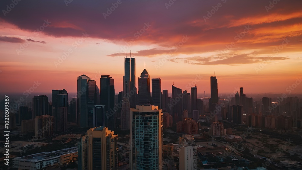 Fototapeta premium Serene Evening: A Breathtaking City Skyline Against a Pink and Orange Sky
