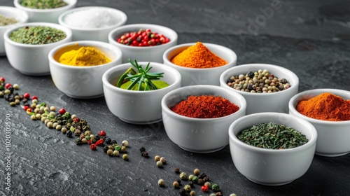 Fototapeta Naklejka Na Ścianę i Meble -  Aromatic Spices and Herbs in White Bowls on a Black Background