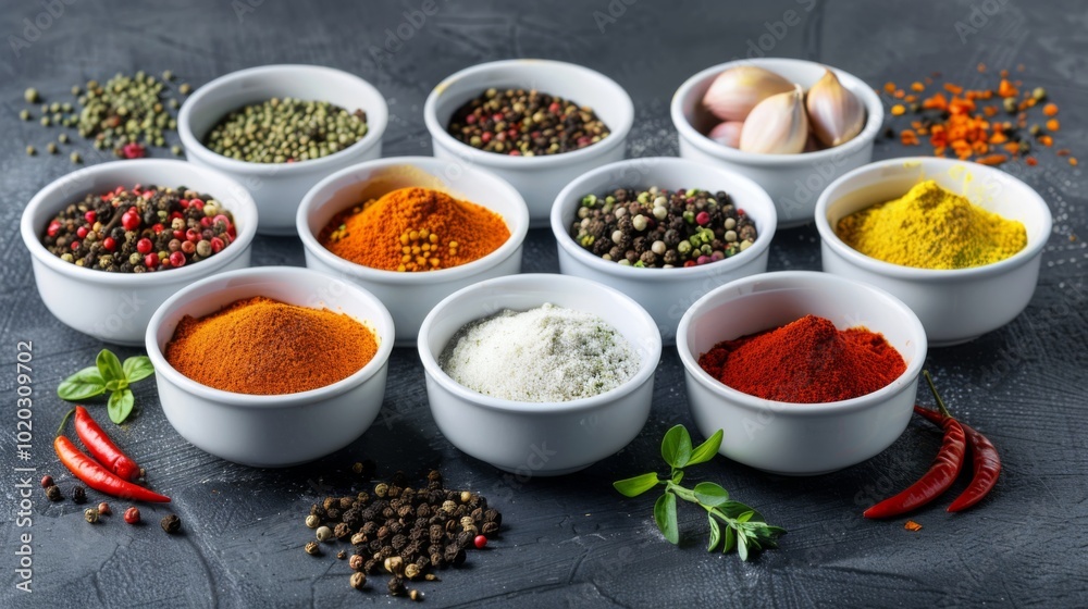 Assortment of Spices in Bowls on Black Background Assortment of Spices in Bowls on Black Background