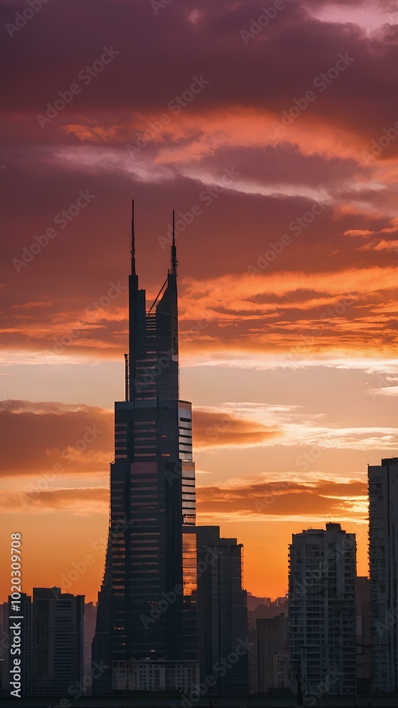 Serene Evening: A Breathtaking City Skyline Against a Pink and Orange Sky Serene Evening: A Breathtaking City Skyline Against a Pink and Orange Sky