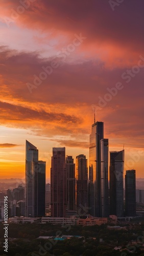 Serene Evening: A Breathtaking City Skyline Against a Pink and Orange Sky