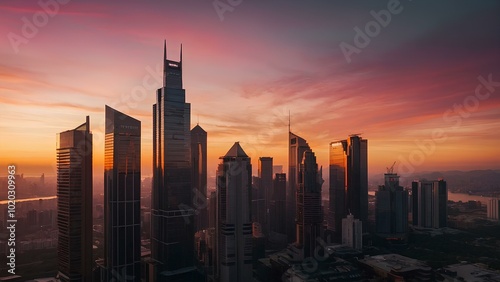 Serene Evening: A Breathtaking City Skyline Against a Pink and Orange Sky