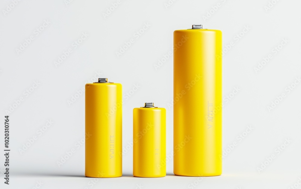 Three yellow batteries of different sizes, isolated on white, modern and clean design, ideal for battery technology promotions or renewable energy concepts Three yellow batteries of different sizes, isolated on white, modern and clean design, ideal for battery technology promotions or renewable energy concepts