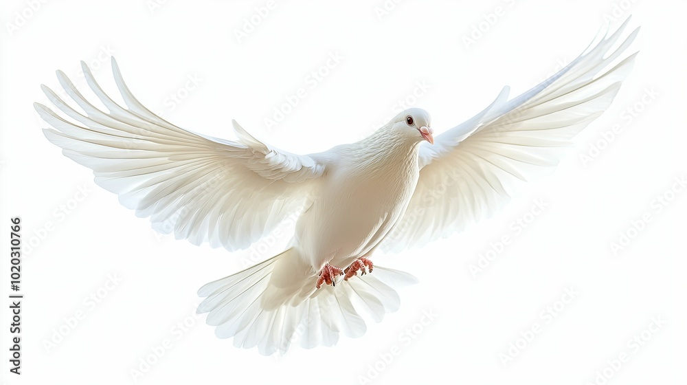 A White Dove In Flight with Spread Wings Against a White Background A White Dove In Flight with Spread Wings Against a White Background