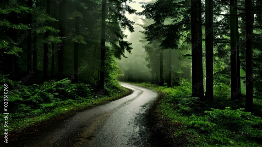 Fototapeta premium Misty Winding Road Through Evergreen Forest