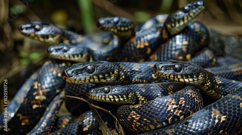 A group of black snakes are curled up together