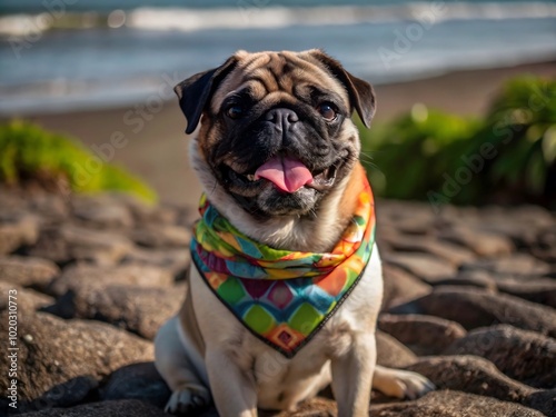 Pug wearing a colorful bandana sitting on a chair