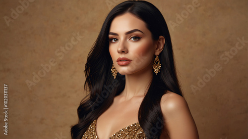 Sophisticated woman with dark wavy hair in a gold dress, representing beauty, poise, and fashion-forward elegance.