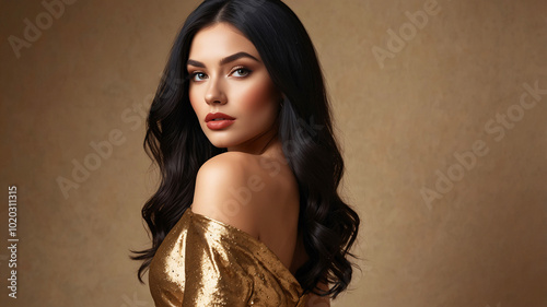Portrait of a sophisticated woman with dark hair and gold dress, looking confidently over her shoulder.