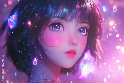 3D Anime Girl, Glittery magic floating effects Background Wallpaper