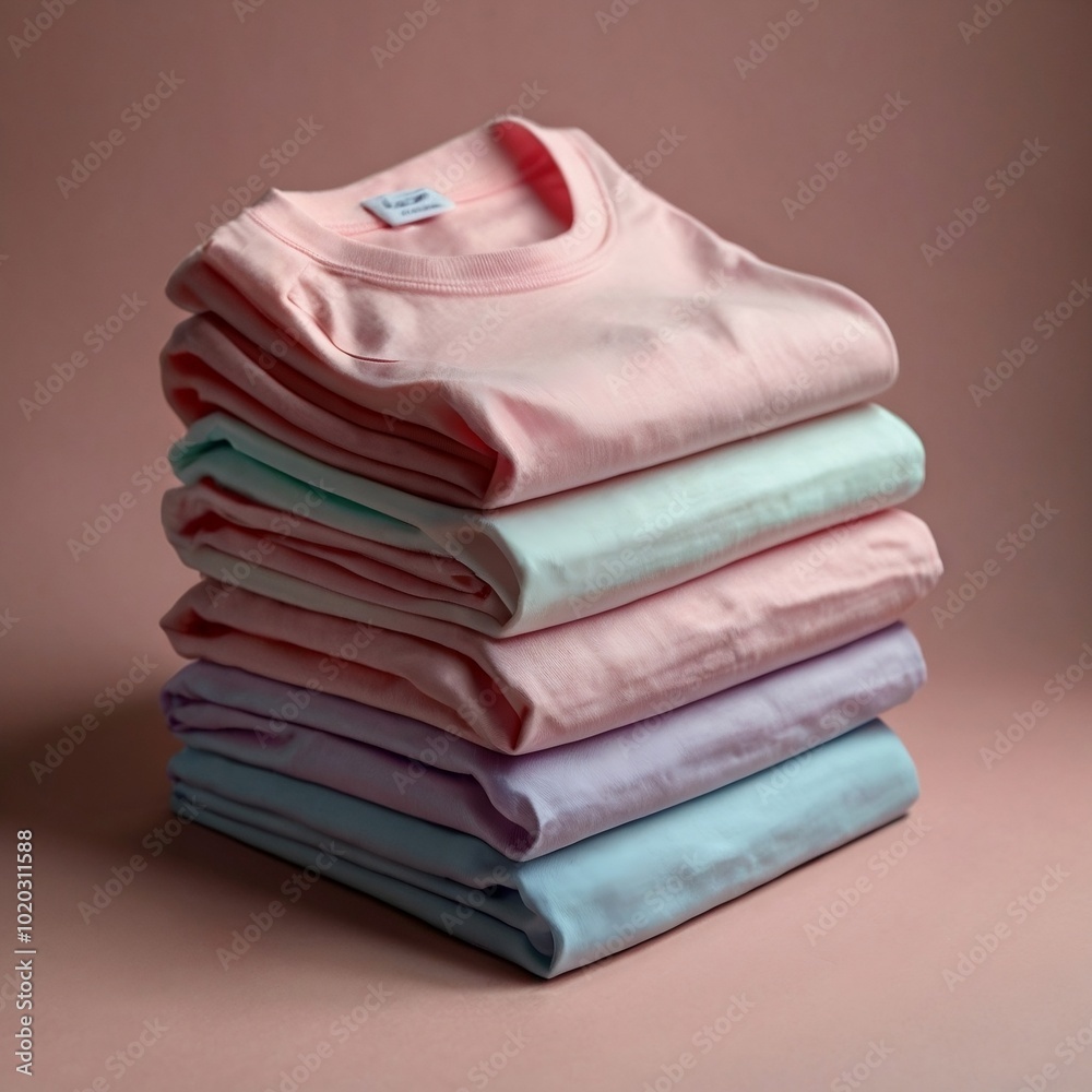 A neatly stacked pile of pastel-colored t-shirts on a plain background. 