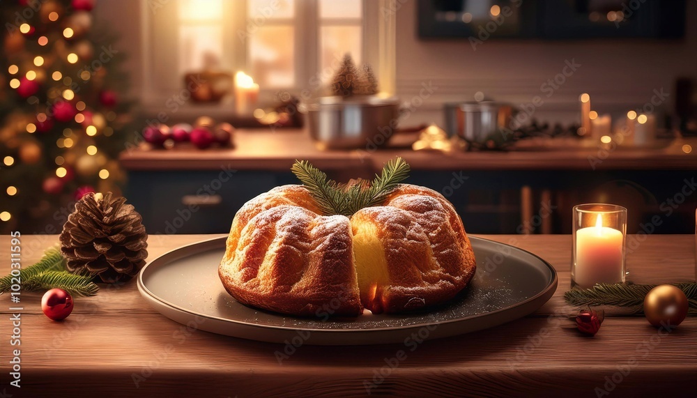 Christmas Yolu Tortu in a plate on a table with a kitchen background Christmas Yolu Tortu in a plate on a table with a kitchen background