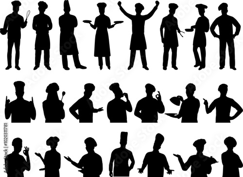 chef set, chef portraits set silhouette, vector