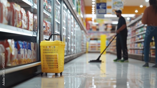 A Yellow Shopping Basket Left Behind in a Grocery Store Aisle