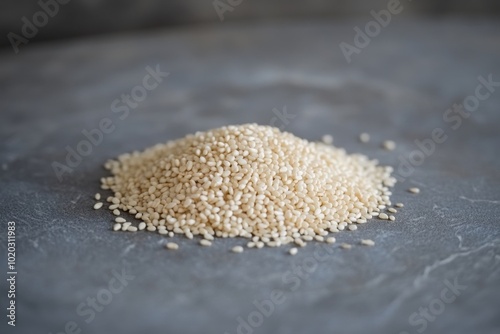 A small pile of white sesame seeds on a textured gray surface in natural light