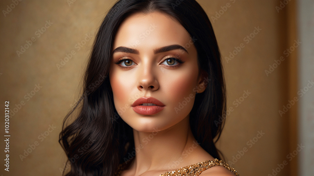 A close-up image captures a model with dark flowing hair and striking makeup, conveying beauty and sophistication. A close-up image captures a model with dark flowing hair and striking makeup, conveying beauty and sophistication.
