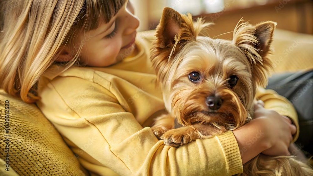 Affectionate Yorkshire terrier snuggling in a cozy blanket Affectionate Yorkshire terrier snuggling in a cozy blanket